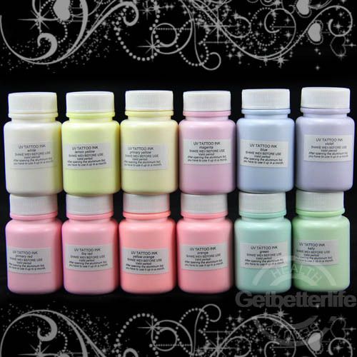 12 Colors GLOW BLACKLIGHT UV Tattoo Ink 1/2oz Supply  