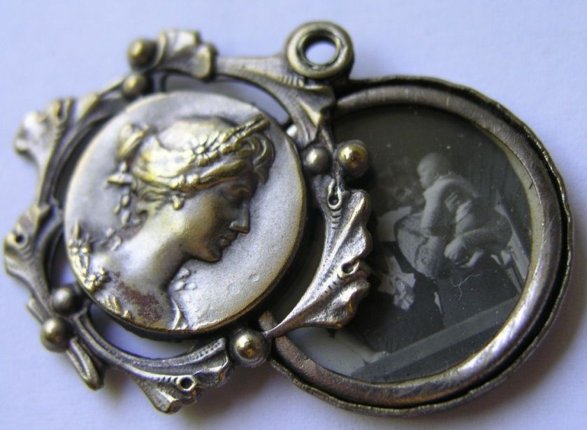 ANTIQUE FRENCH SILVER SLIDER LOCKET CHARM Greek Woman  