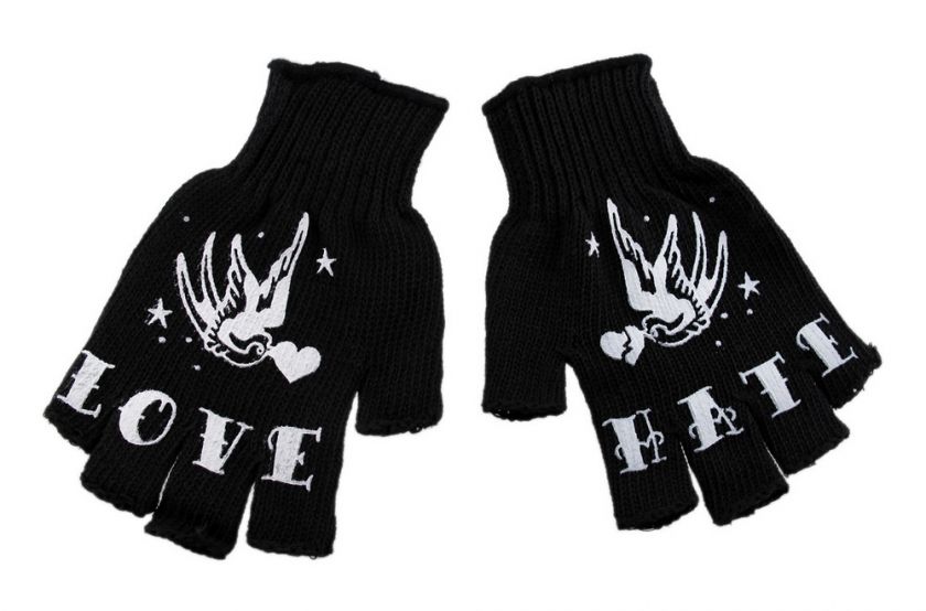 LOVE / HATE Tattoo Fingerless Knit Work Gloves Biker OSFM  