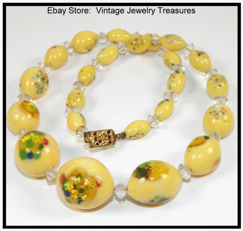   Art Deco Venetian Speckled Lemon Yellow Glass Brass Box Clasp Necklace