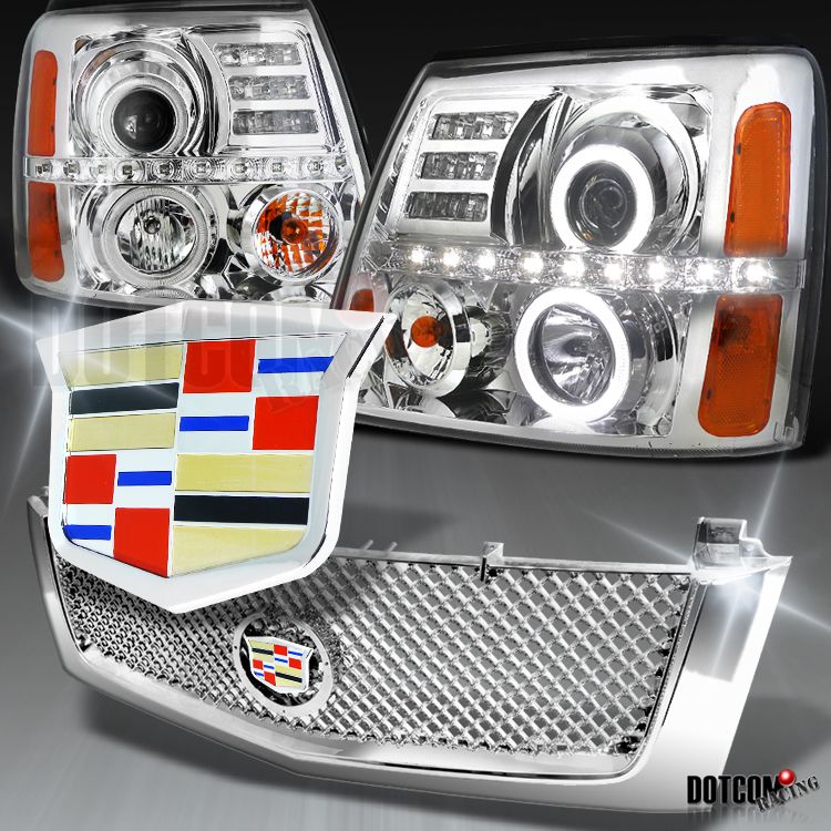 02 06 ESCALADE LED PROJECTOR CHROME HEADLIGHTS+MESH GRILLE+OEM EMBLEM 