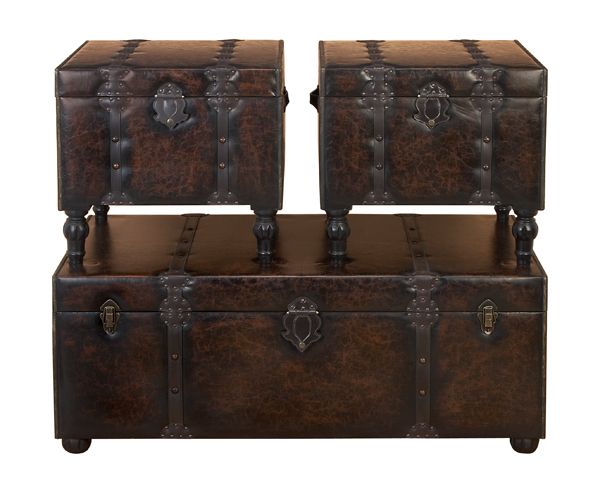 Huge Custom House Leather And Wood Chest Trunks S/3  