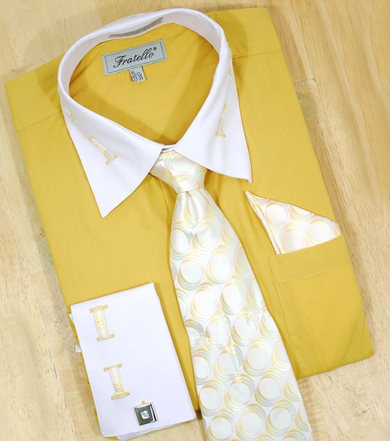 FRATELLO~MUSTARD/WHITE LACED SHIRT/TIE/HANKY SET~ 2XL  