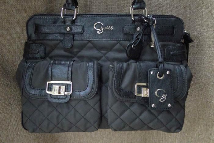 Guess Groovy Black Quilted Satchel Tote Silver Hardware Large Interior