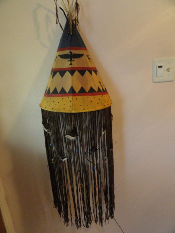 Handmade teepee wall lamp, canvas and rawhide fringe  