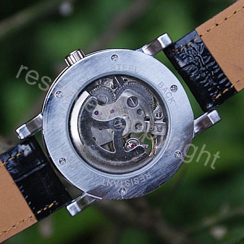 Wind up Skeleton Black Leather Mechanical Mens Watch  